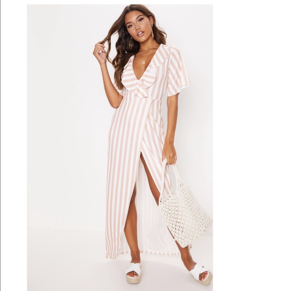 * SOLD * Stone Stripe Print Frill Detail Wrap Maxi
